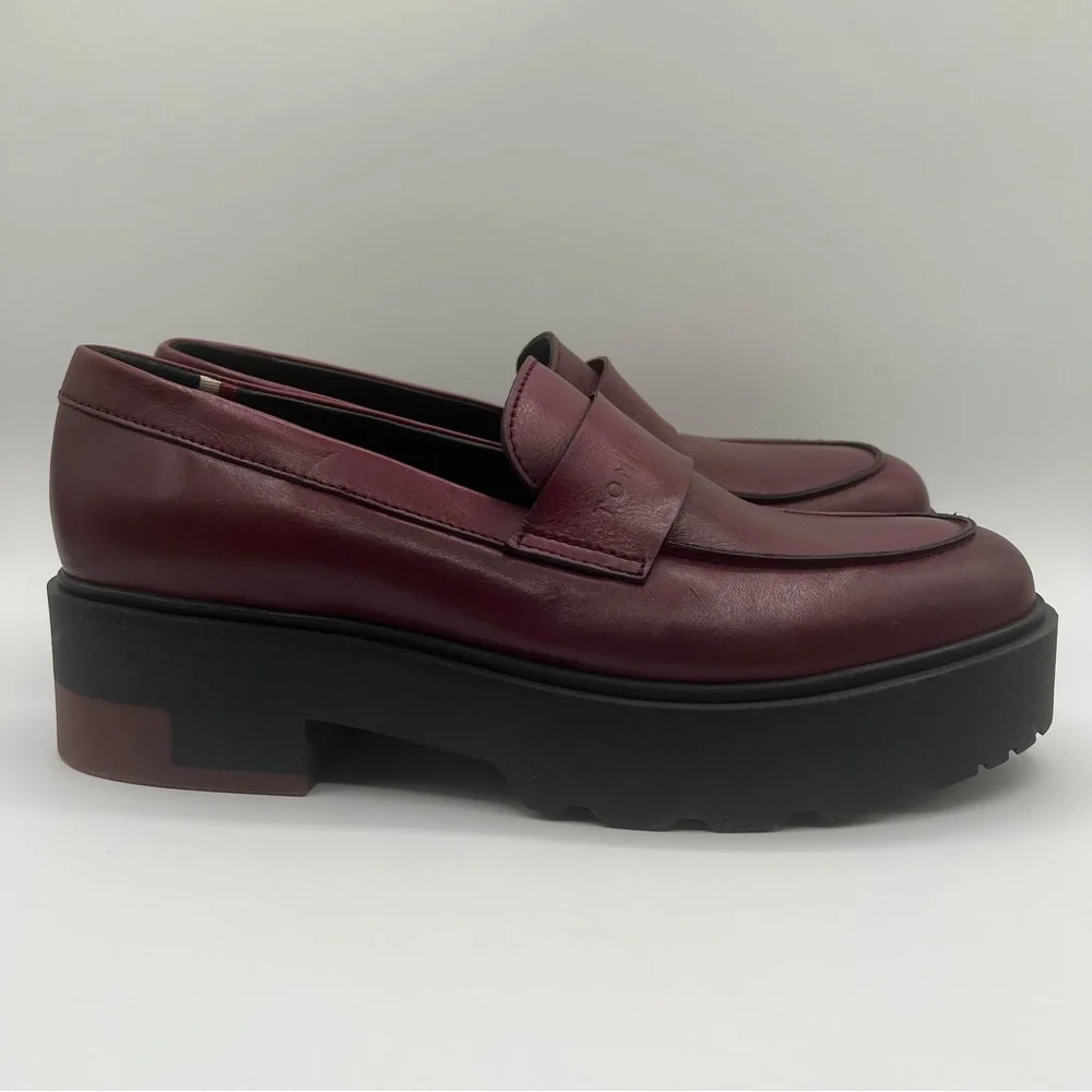 Tommy Hilfiger Unisex Burgundy Lab Leather Slip-On Lug Sole Casual Loafers SZ 10